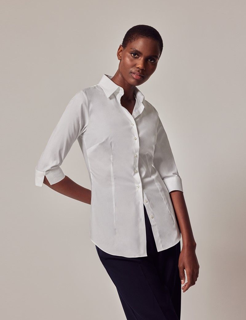 Women's White Fitted 3 Quarter Sleeve Cotton Shirt