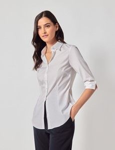 White Fitted 3/4 Sleeve Cotton Shirt-preview2