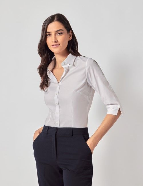White Fitted 3/4 Sleeve Cotton Shirt