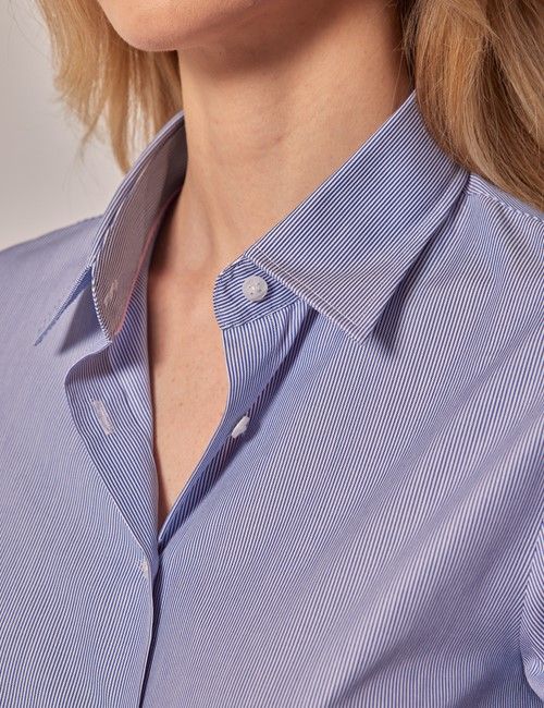 White & Blue Stripe Fitted 3/4 Sleeve Cotton Shirt-preview