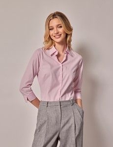 White & Pink Stripe Fitted 3/4 Sleeve Cotton Shirt