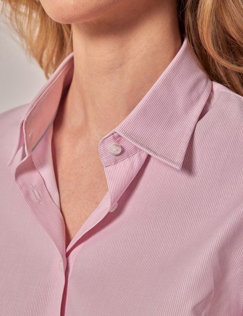 White & Pink Stripe Fitted 3/4 Sleeve Cotton Shirt-preview