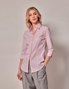 White & Pink Stripe Fitted 3/4 Sleeve Cotton Shirt-preview2