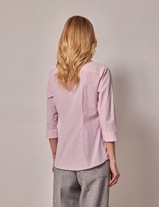 White & Pink Stripe Fitted 3/4 Sleeve Cotton Shirt-preview4