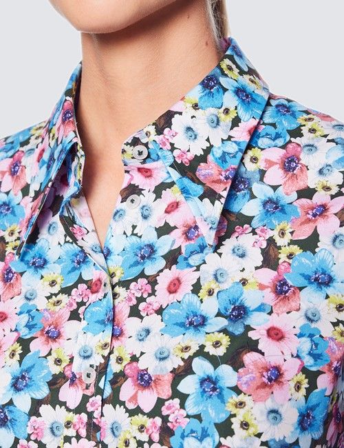 Women's Blue & Pink Multi Floral Print Fitted Shirt with Vintage Collar - Single Cuffs-preview