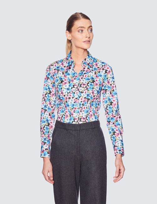 Women's Blue & Pink Multi Floral Print Fitted Shirt with Vintage Collar - Single Cuffs