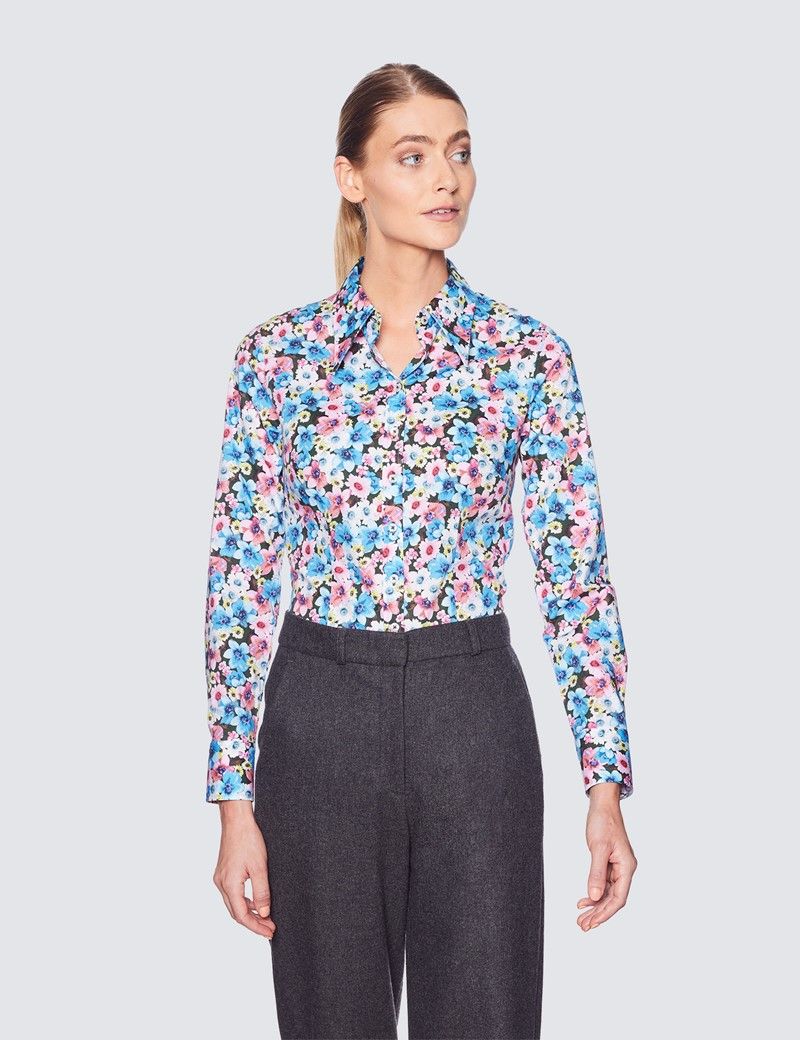 Women's Blue & Pink Multi Floral Print Fitted Shirt with Vintage Collar ...