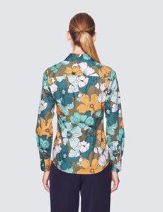Women's Blue & Yellow Floral Print Fitted Shirt with Vintage Collar - Single Cuffs-preview4