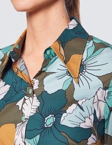 Women's Blue & Yellow Floral Print Fitted Shirt with Vintage Collar - Single Cuffs-preview2