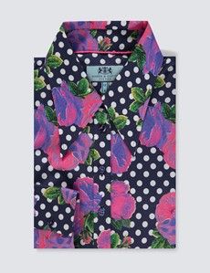 Women's Navy & Purple Floral Fitted Shirt With Vintage Collar - Single Cuff