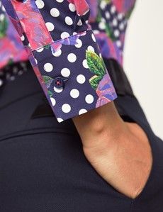 Women's Navy & Purple Floral Fitted Shirt With Vintage Collar - Single Cuff