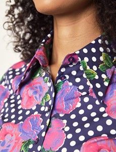 Women's Navy & Purple Floral Fitted Shirt With Vintage Collar - Single Cuff