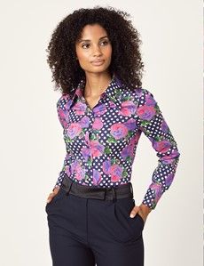 Women's Navy & Purple Floral Fitted Shirt With Vintage Collar - Single Cuff