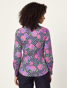 Women's Navy & Purple Floral Fitted Shirt With Vintage Collar - Single Cuff