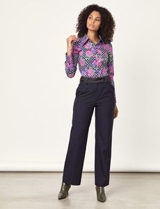 Women's Navy & Purple Floral Fitted Shirt With Vintage Collar - Single Cuff