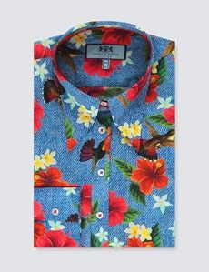 Fitted Blue & Red Hibiscus Shirt