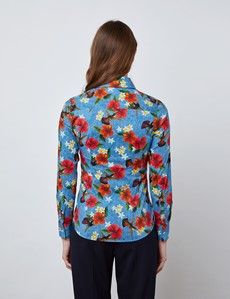 Fitted Blue & Red Hibiscus Shirt