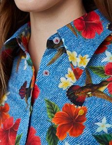 Fitted Blue & Red Hibiscus Shirt