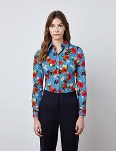 Fitted Blue & Red Hibiscus Shirt