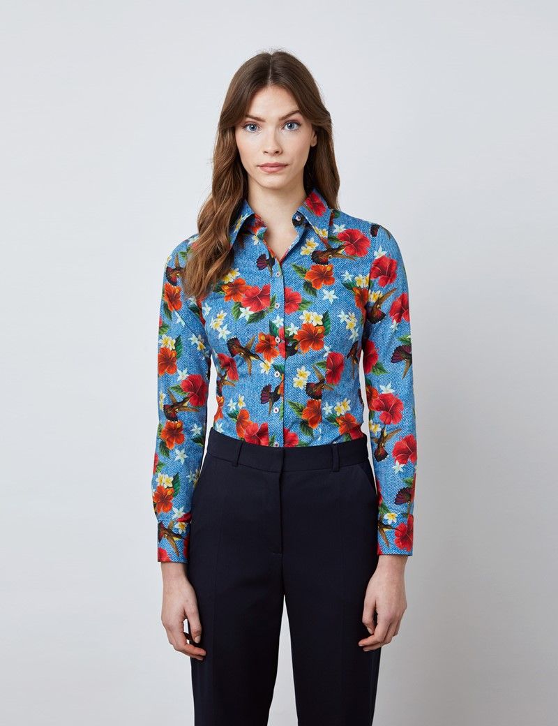 Fitted Blue & Red Hibiscus Shirt