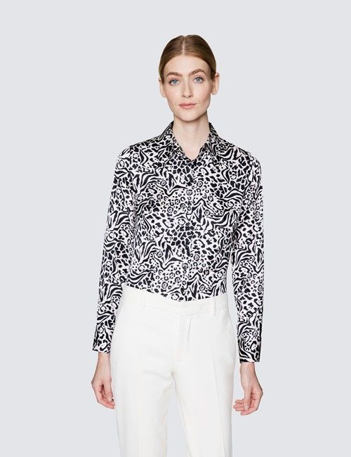 Ladies Cream and Black Satin Fitted shirt