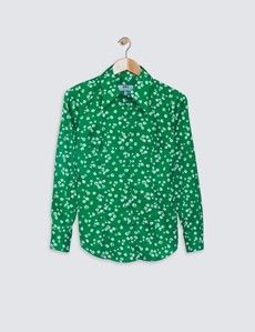 Women’s Green & White Daisy Print Vintage Collar Satin Fitted Blouse
