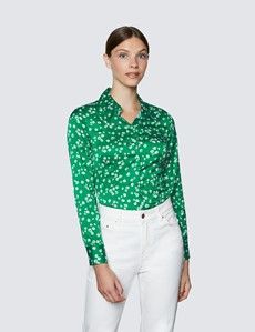 Women’s Green & White Daisy Print Vintage Collar Satin Fitted Blouse