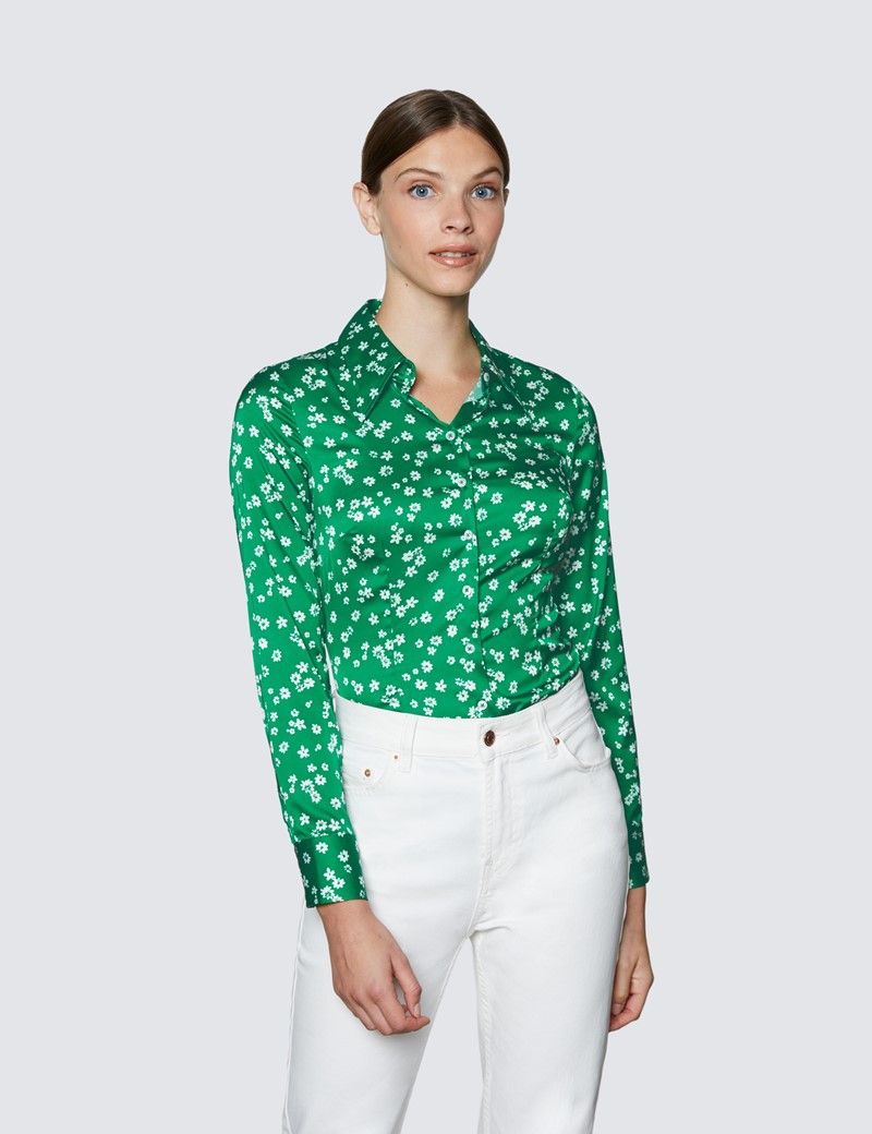 Women’s Green & White Daisy Print Vintage Collar Satin Fitted Blouse