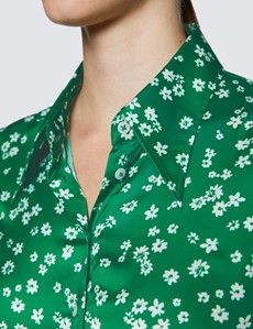 Women’s Green & White Daisy Print Vintage Collar Satin Fitted Blouse