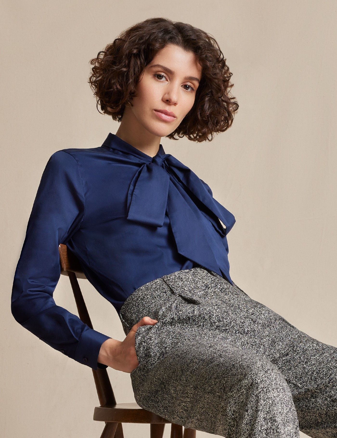 Women's Navy Relaxed Fit Luxury Cotton Nylon Shirt With Tie Detail