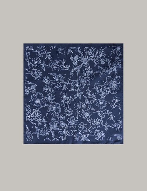Navy & White Floral Handkerchief - 100% Silk