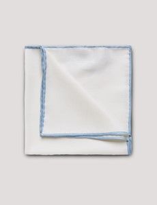 White Pocket Square With Sky Blue Border  - 100% Silk
