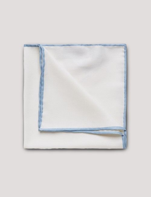 White Pocket Square With Sky Blue Border  - 100% Silk