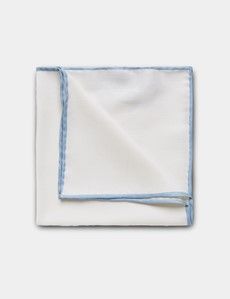 White Pocket Square With Sky Blue Border  - 100% Silk