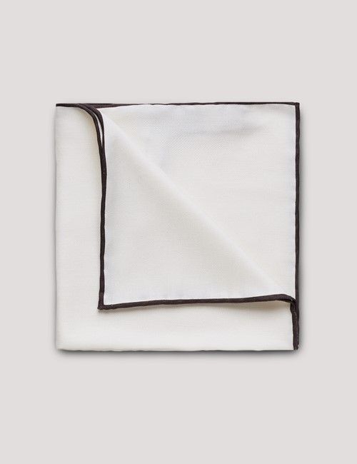 White Pocket Square With Chocolate Brown Border  - 100% Silk
