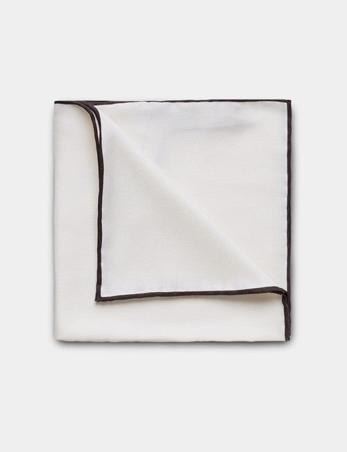 White Pocket Square With Chocolate Brown Border  - 100% Silk