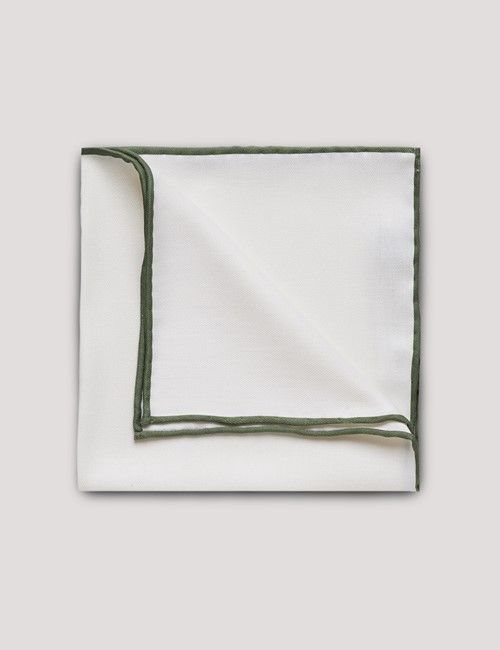 White Pocket Square With Sage Green Border  - 100% Silk