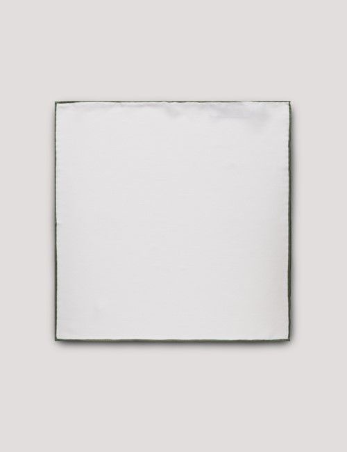 White Pocket Square With Sage Green Border  - 100% Silk-preview