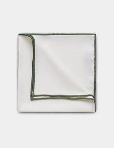 White Pocket Square With Sage Green Border  - 100% Silk