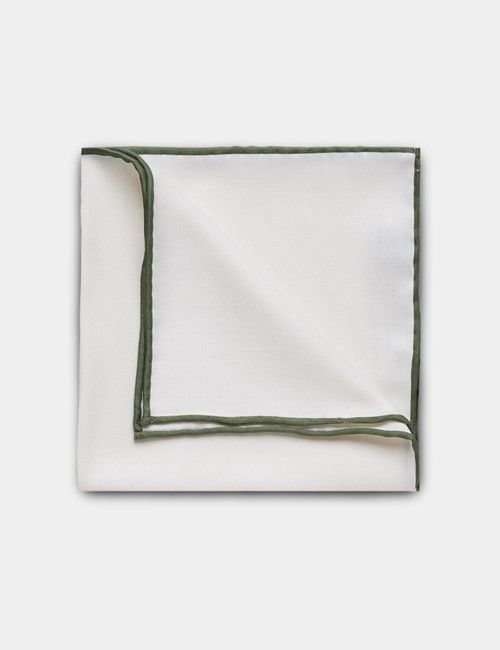 White Pocket Square With Sage Green Border  - 100% Silk