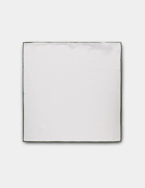 White Pocket Square With Sage Green Border  - 100% Silk-preview