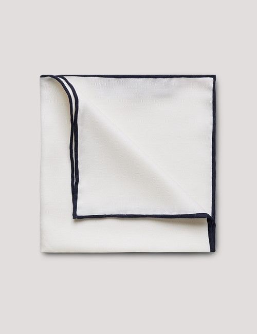 White Pocket Square With Navy Border  - 100% Silk