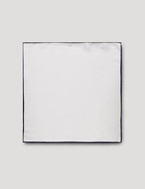 White Pocket Square With Navy Border  - 100% Silk-preview