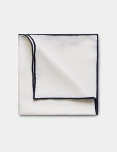 White Pocket Square With Navy Border  - 100% Silk