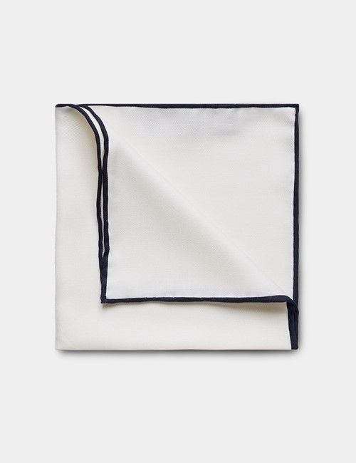White Pocket Square With Navy Border  - 100% Silk