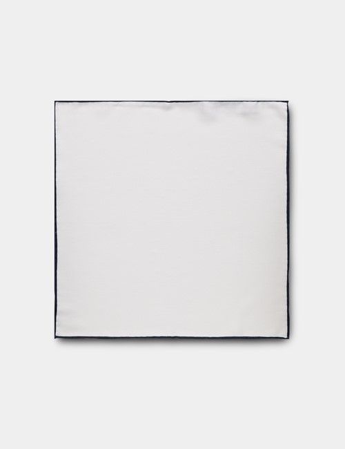 White Pocket Square With Navy Border  - 100% Silk-preview