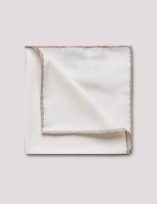 White Pocket Square With Champagne Border  - 100% Silk