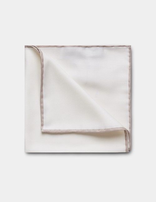 White Pocket Square With Champagne Border  - 100% Silk