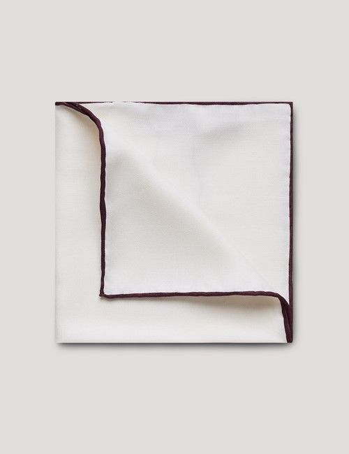 White Pocket Square With Burgundy Border  - 100% Silk