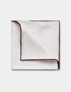 White Pocket Square With Burgundy Border  - 100% Silk